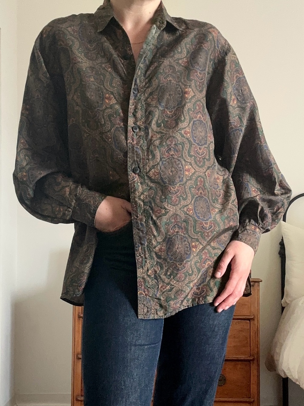 Vintage Point & Line Paisley Silk Button-Up Shirt